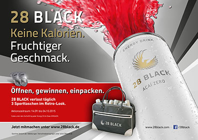 Energy Drink 28 BLACK startet Deckelcode-Gewinnspiel: Öffnen, gewinnen, einpacken. (Foto: Splendid Drinks AG/CALIDRIS 28 Deutschland GmbH)